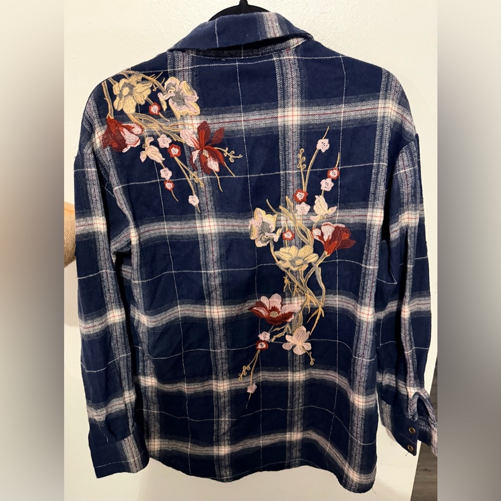 Entro Blue Plaid Shirt with Floral Embroidered Accent